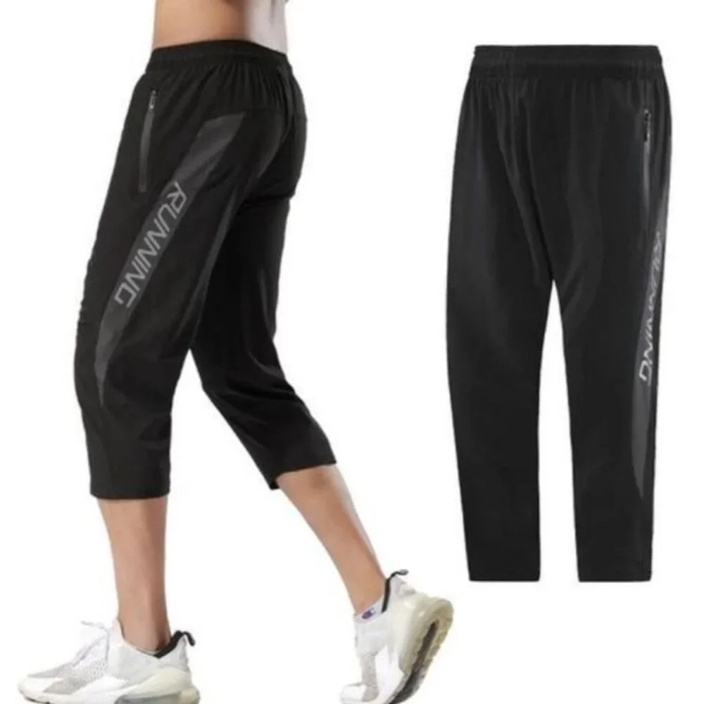 Men's Black Quick Dry Zippered Pockets Cropped Running Jogging Pants Size Small - Picture 2 of 12